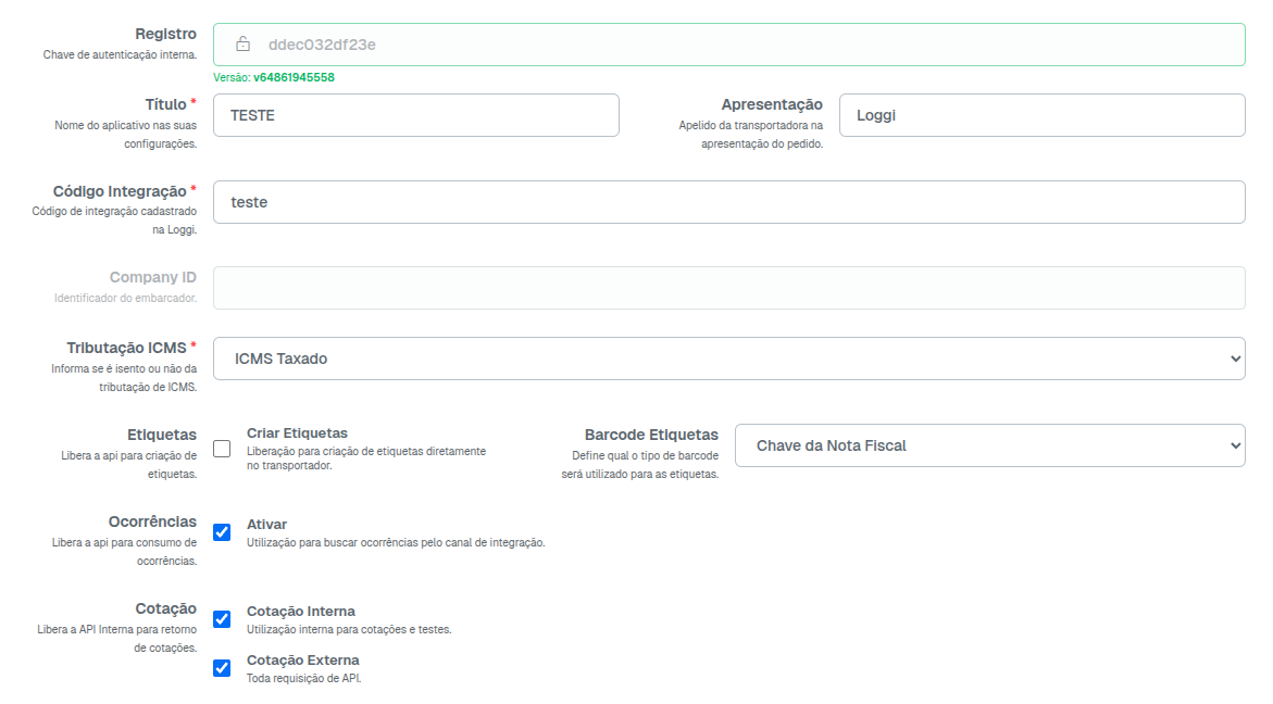Detalhes da configuração da integração Loggi