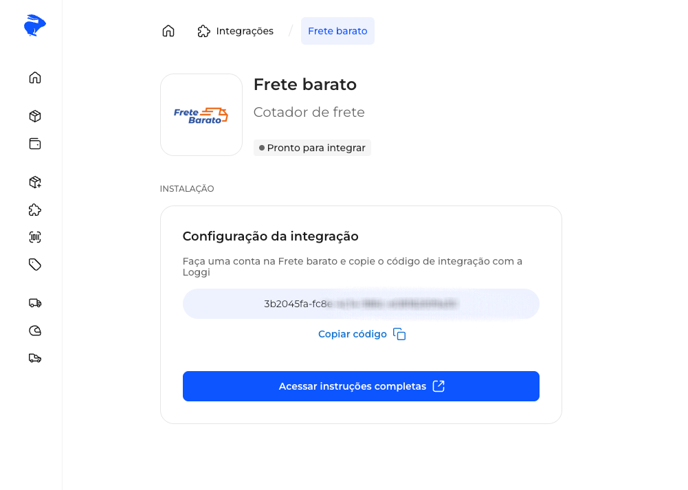 Detalhe do código de integração da Loggi