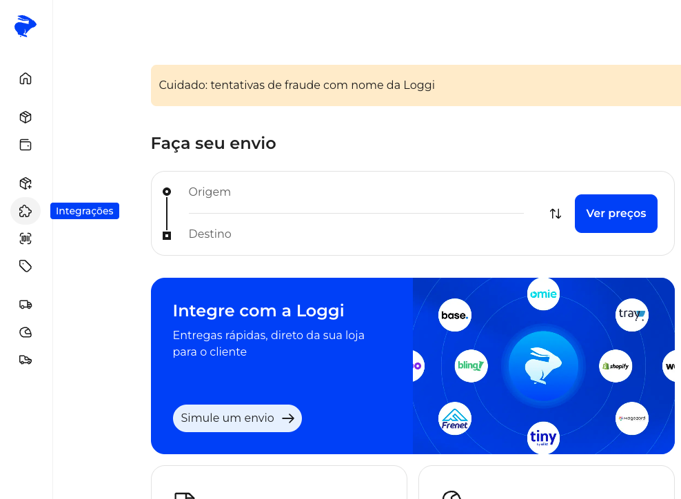 Área de integrações da Loggi