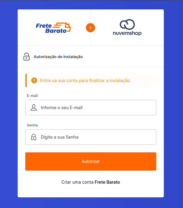 Tela de autorização no painel da Frete Barato
